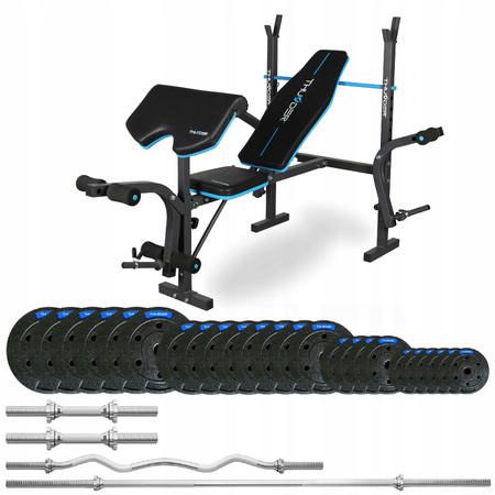 Conjunto de musculação 117,5 kg com banco VIGOR-A by THUNDER com pescoço ligeiramente partido